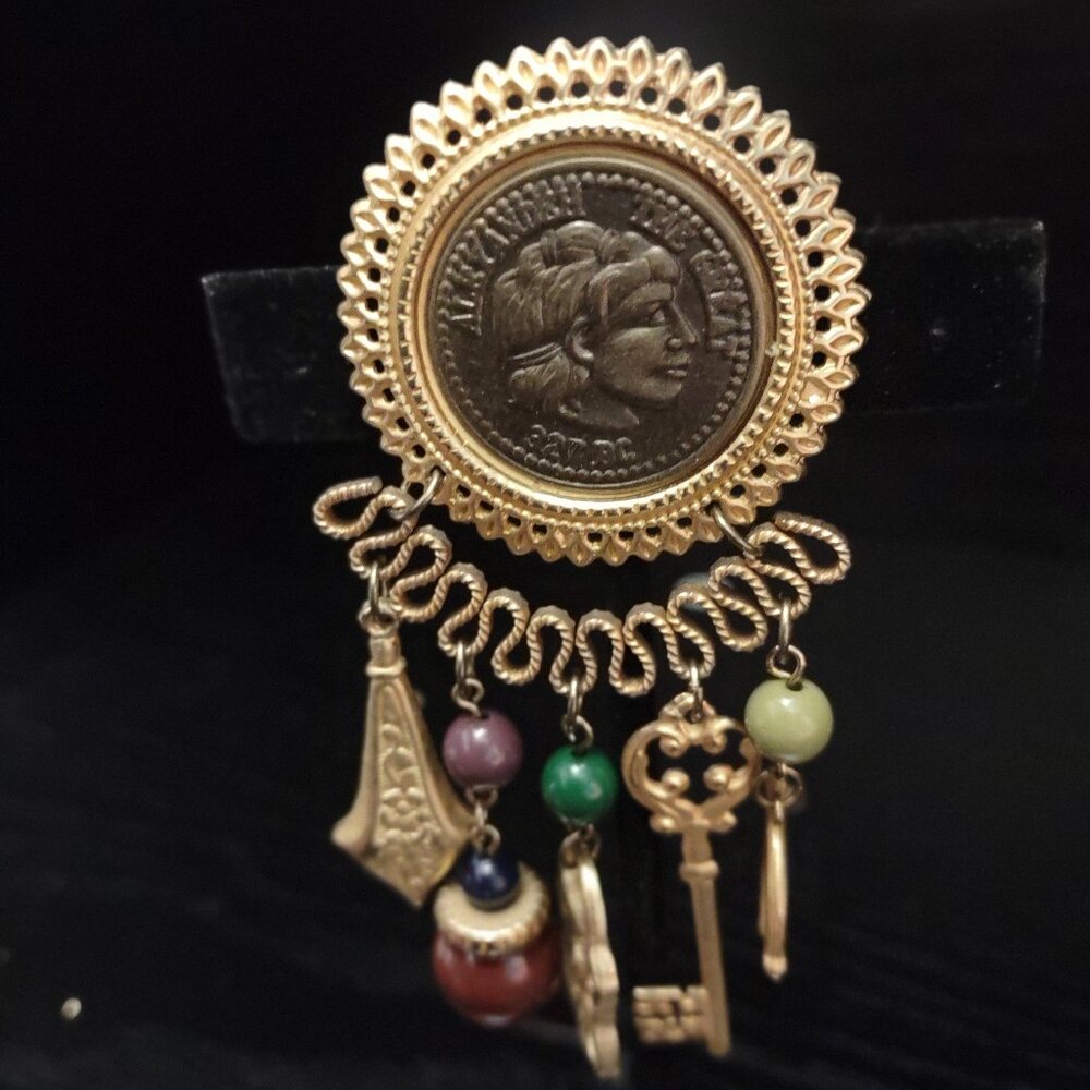 90's Vintage Alexander the Great Coin Replica Brooch Pin with Charms Gold Tone